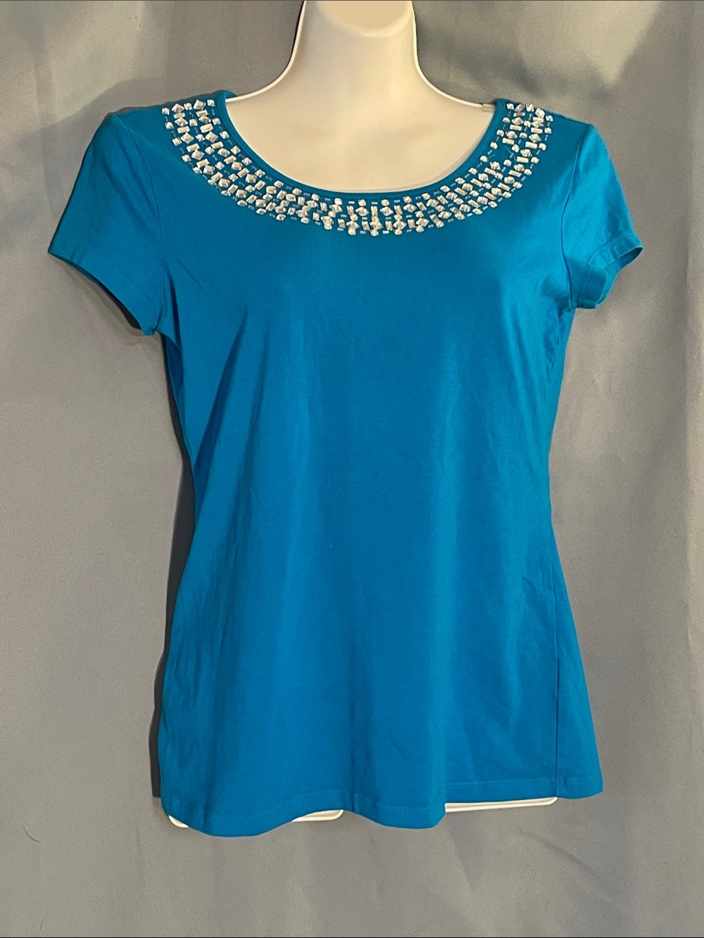 Vix Teal Short Sleeve Scoop Neck Top with Pearl Bead Trim